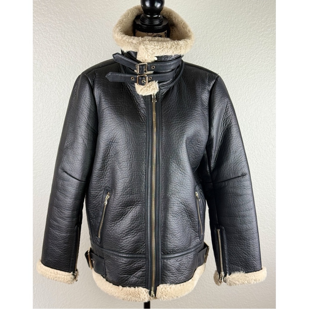 Zara Black Faux Leather Shearling Lined Aviator Jacket - Picture 9 of 12
